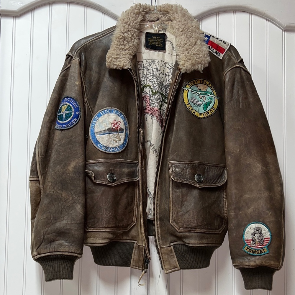 80s Avirex A-2 TomCat Bomber Fighter Pilot Jacket L Vintage Leather Dallas Texas